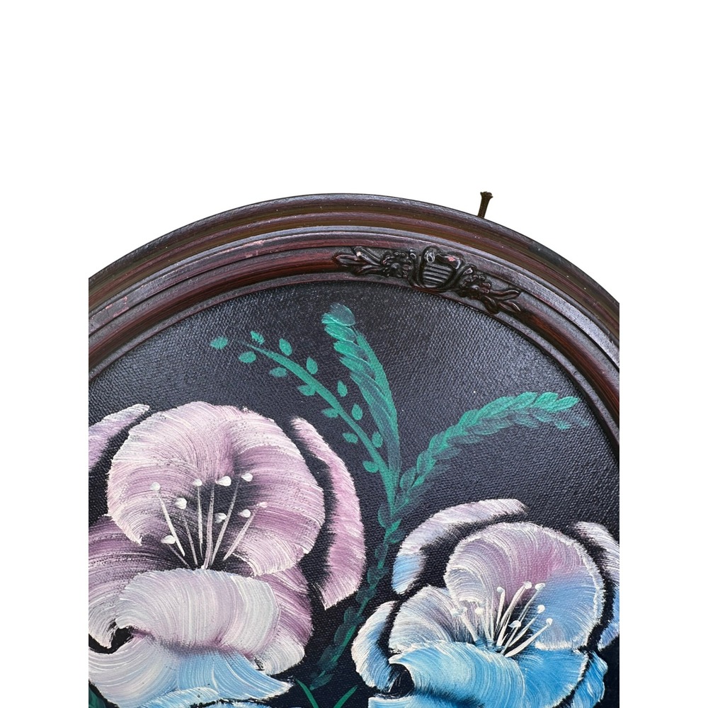 Vintage Signed Jo Ann Floral Oil Painting Oval Framed Blue Purple Whimsigoth - Picture 5 of 9